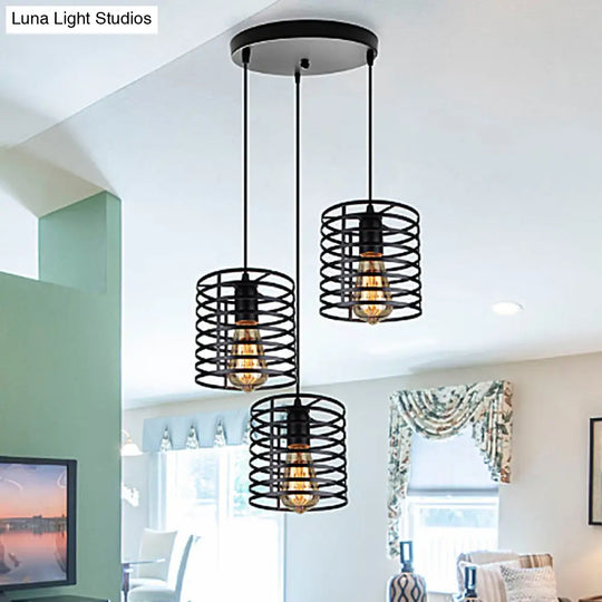Cage Shade Industrial Hanging Light With 3 Bulbs - Cylindrical Metallic Lamp For Dining Room In