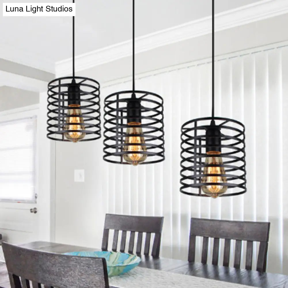 Cage Shade Industrial Hanging Light With 3 Bulbs - Cylindrical Metallic Lamp For Dining Room In