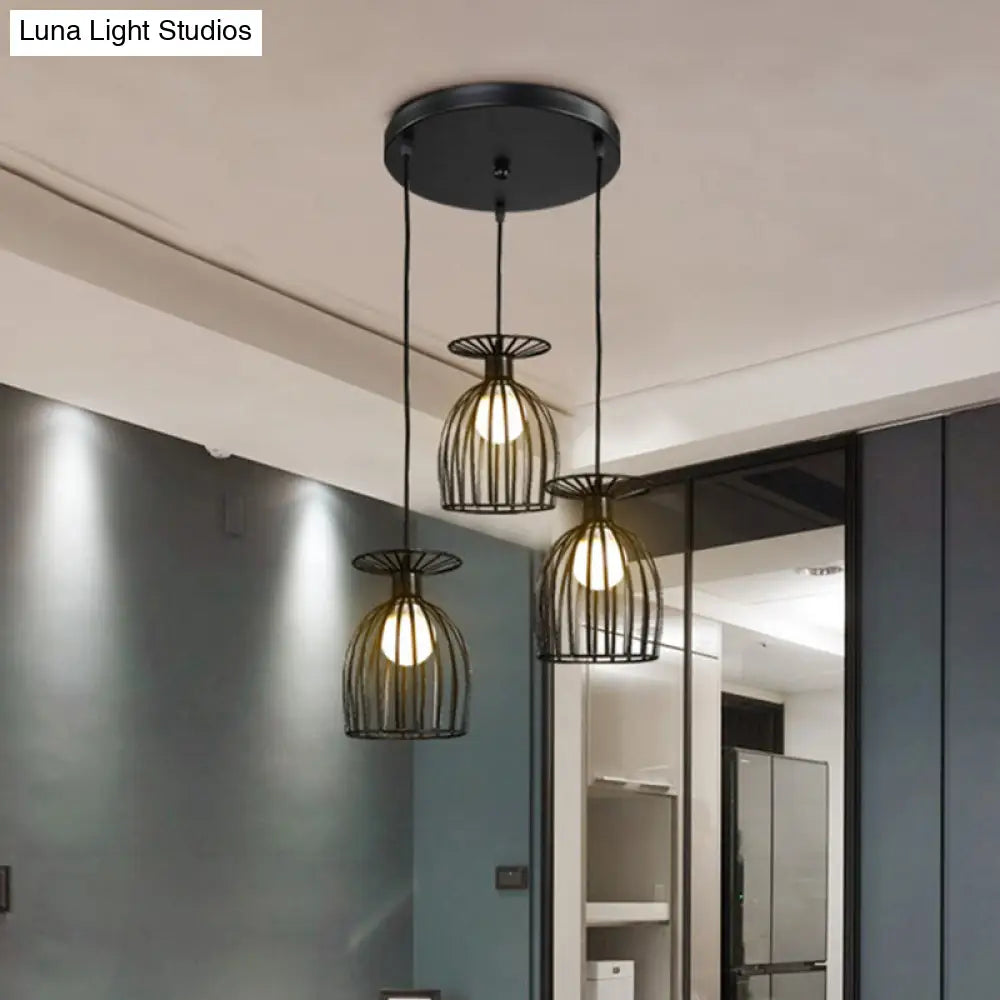 Industrial Metal Pendant Light With Wine Glass Cage Shade - 3 Lights Black/White Perfect For Dining