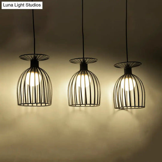 Industrial Metal Pendant Light With Wine Glass Cage Shade - 3 Lights Black/White Perfect For Dining