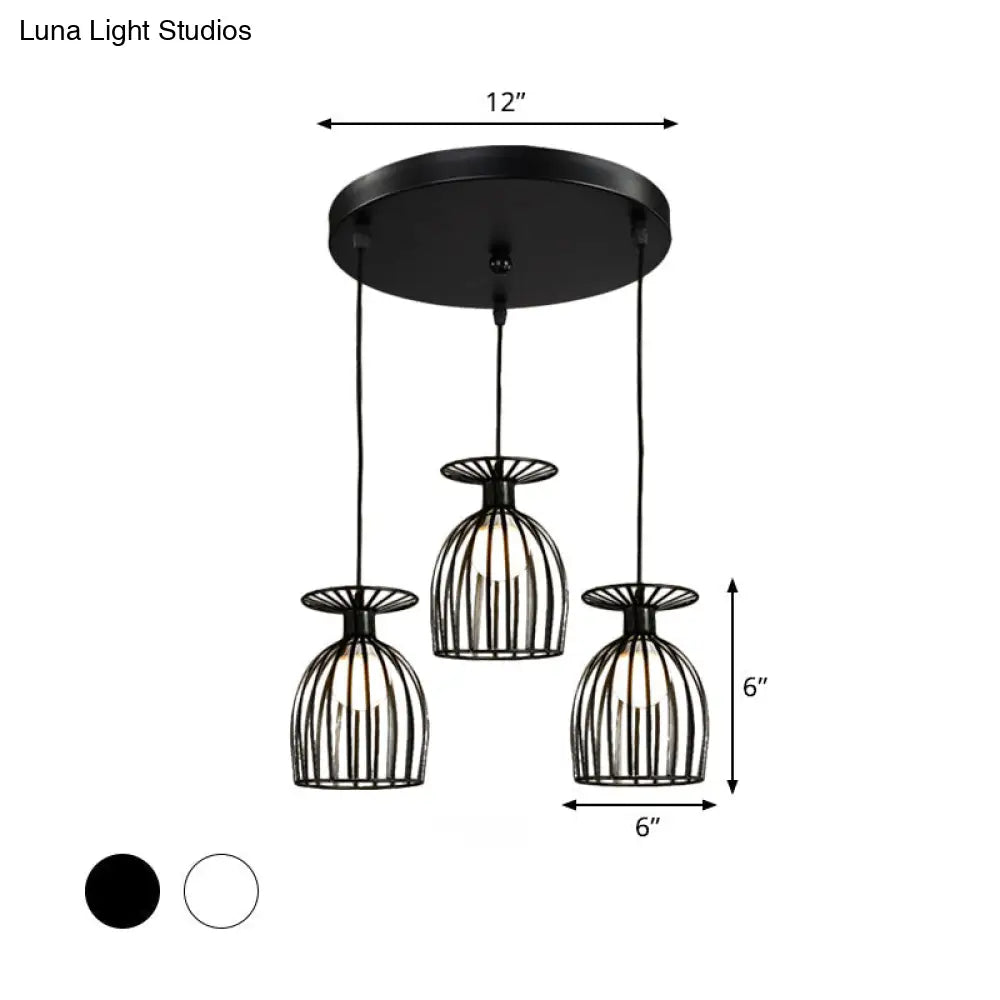 Industrial Metal Pendant Light With Wine Glass Cage Shade - 3 Lights Black/White Perfect For Dining