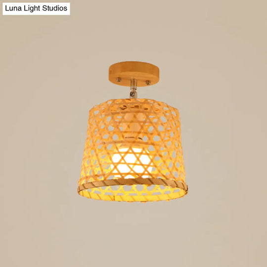 Cage Style Asian Bamboo Ceiling Light - Wood Semi Flush Single-Bulb Aisle Mounted / Birdcage