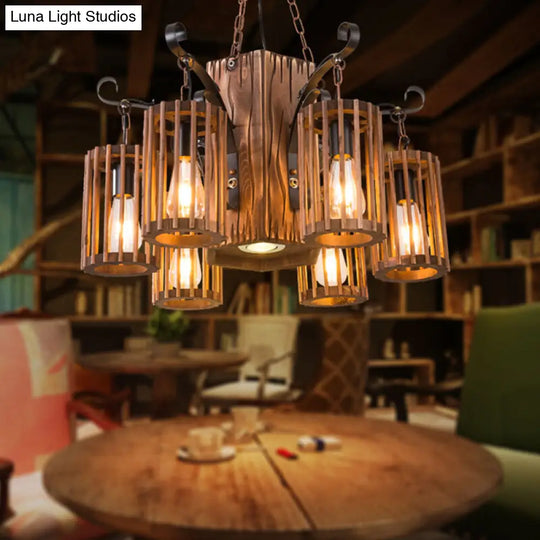 Cage Style Industrial Wooden Chandelier For Living Room - Brown And Black Suspension Light Fixture