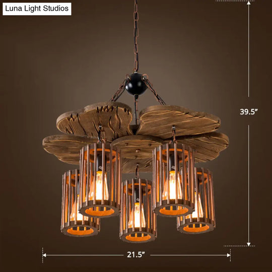 Cage Style Industrial Wooden Chandelier For Living Room - Brown And Black Suspension Light Fixture 5