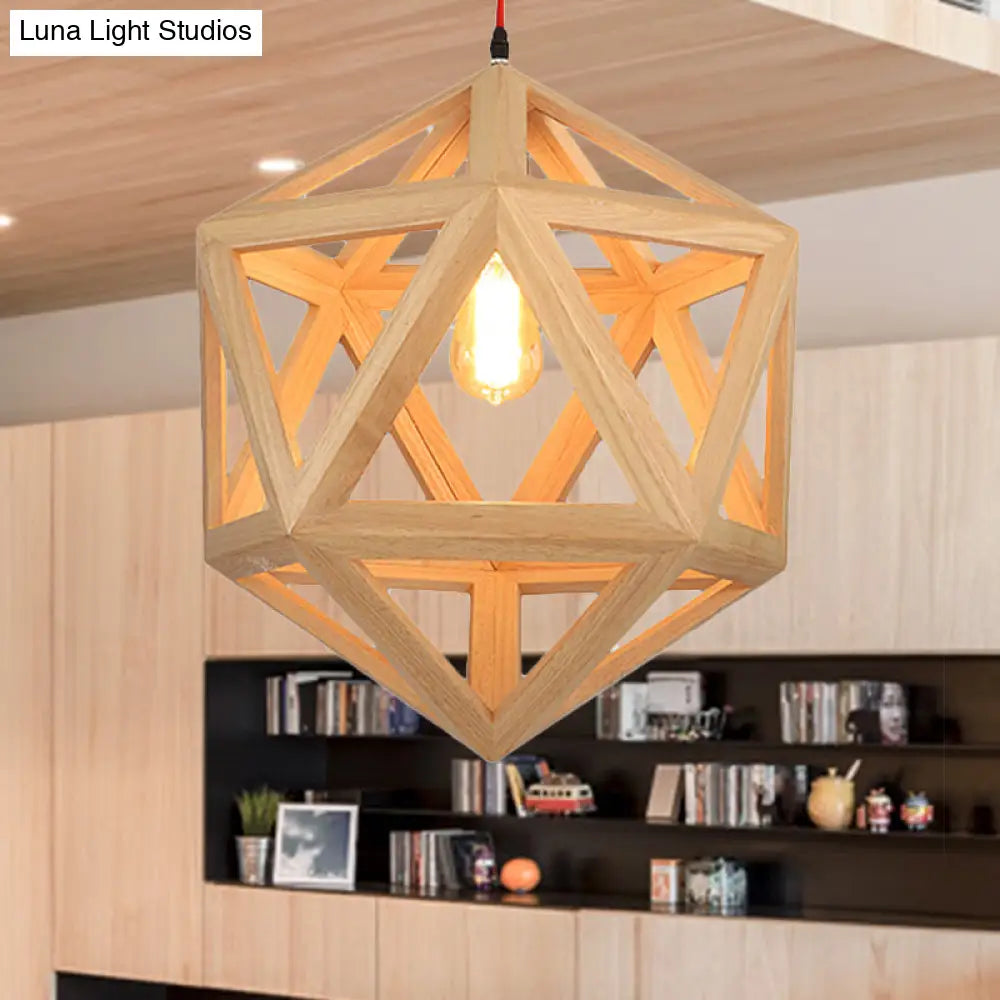 Cage Wood Pendant Light For Dining Room - 1-Head Ceiling Fixture In 15/19 Size