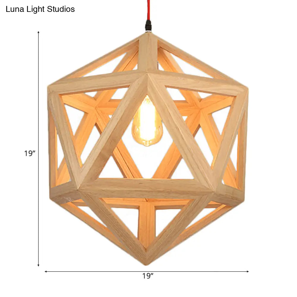 Cage Wood Pendant Light For Dining Room - 1-Head Ceiling Fixture In 15/19 Size