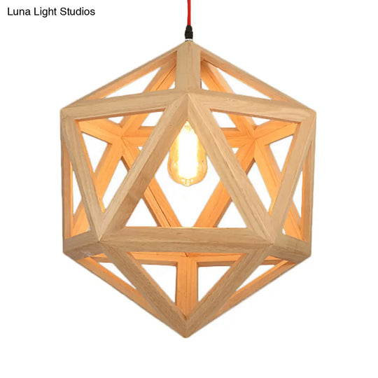 Cage Wood Pendant Light For Dining Room - 1-Head Ceiling Fixture In 15/19 Size