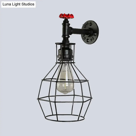 Caged Vintage Corridor Wall Sconce With Valve Deco And 1 Light In Black/Bronze