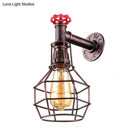 Caged Vintage Corridor Wall Sconce With Valve Deco And 1 Light In Black/Bronze