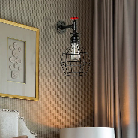 Caged Vintage Corridor Wall Sconce With Valve Deco And 1 Light In Black/Bronze Black