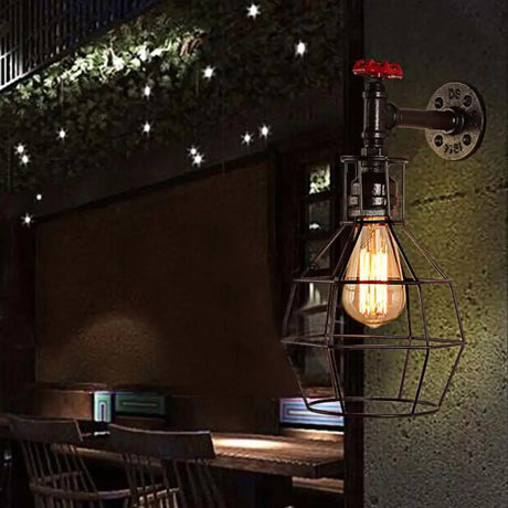 Caged Vintage Corridor Wall Sconce With Valve Deco And 1 Light In Black/Bronze Antique Brass