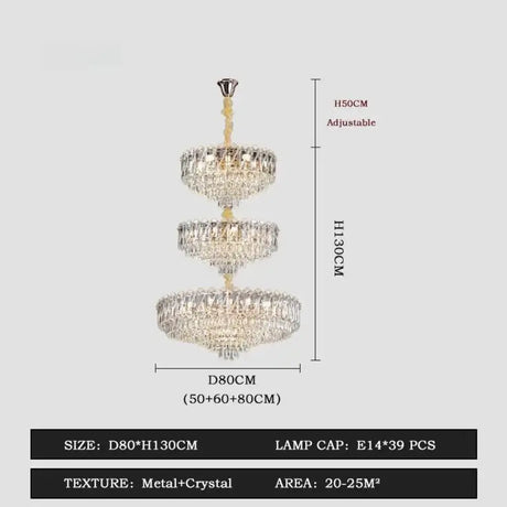 Camille French Luxury Long Crystal Chandelier Gold LED Grand Lobby Light 3 levels-D80xH130CM / neutral light 4000k