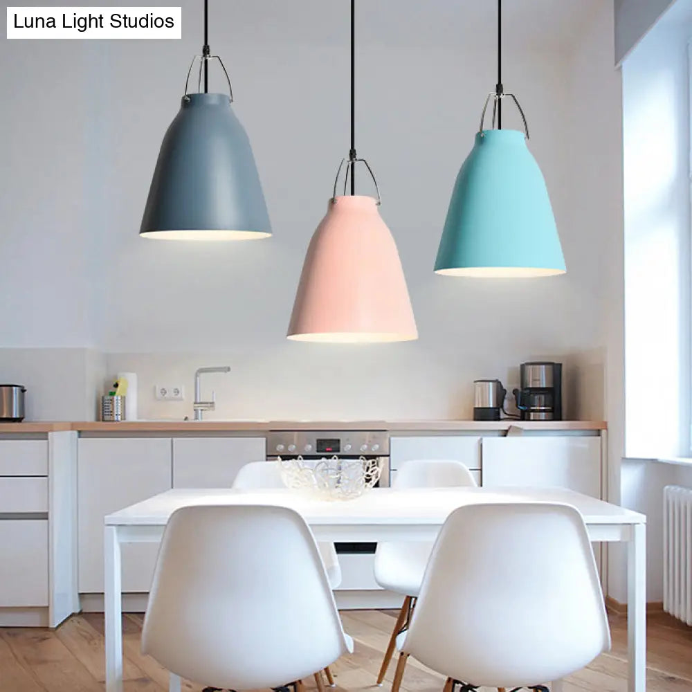 Macaron Aluminum Pendant Light - Candy Colored Bucket Hanging In Dark Blue/Light Blue/Pink For