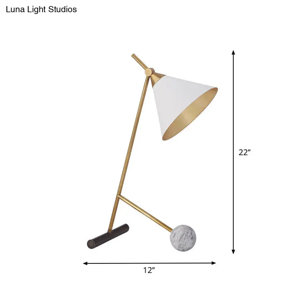 Modern White And Brass Cone Night Light 1-Head Metal Table Lamp Ideal For Bedroom