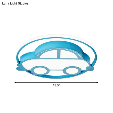 Car Shape Led Cartoon Flush Mount Lamp In Blue With White/Warm Light - Ideal For Bedrooms