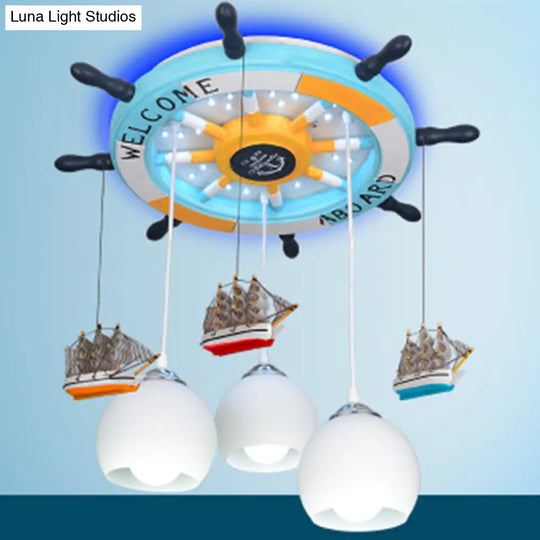 Cartoon 3 Bulb Cream Glass Dome Ceiling Light – Flush Mount With Rudder Canopy (White)