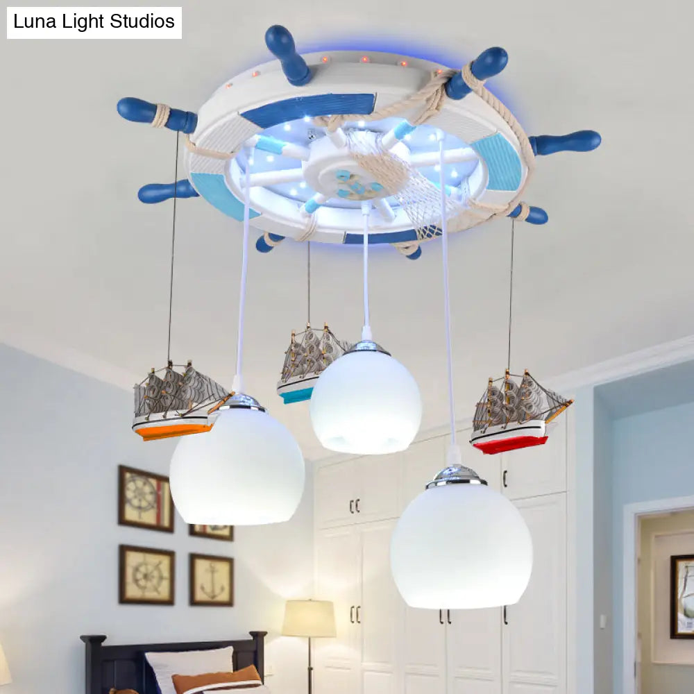Cartoon 3 Bulb Cream Glass Dome Ceiling Light – Flush Mount With Rudder Canopy (White)