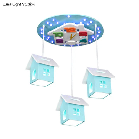 Cartoon 3-Bulb Wood Draping House Ceiling Light Fixture In Pink/Blue