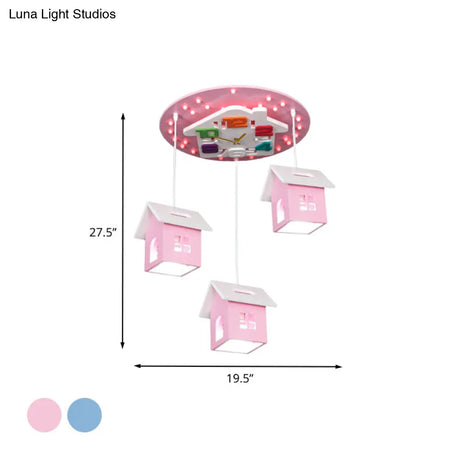 Cartoon 3-Bulb Wood Draping House Ceiling Light Fixture In Pink/Blue