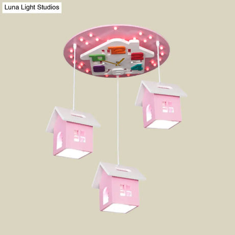 Cartoon 3-Bulb Wood Draping House Ceiling Light Fixture In Pink/Blue