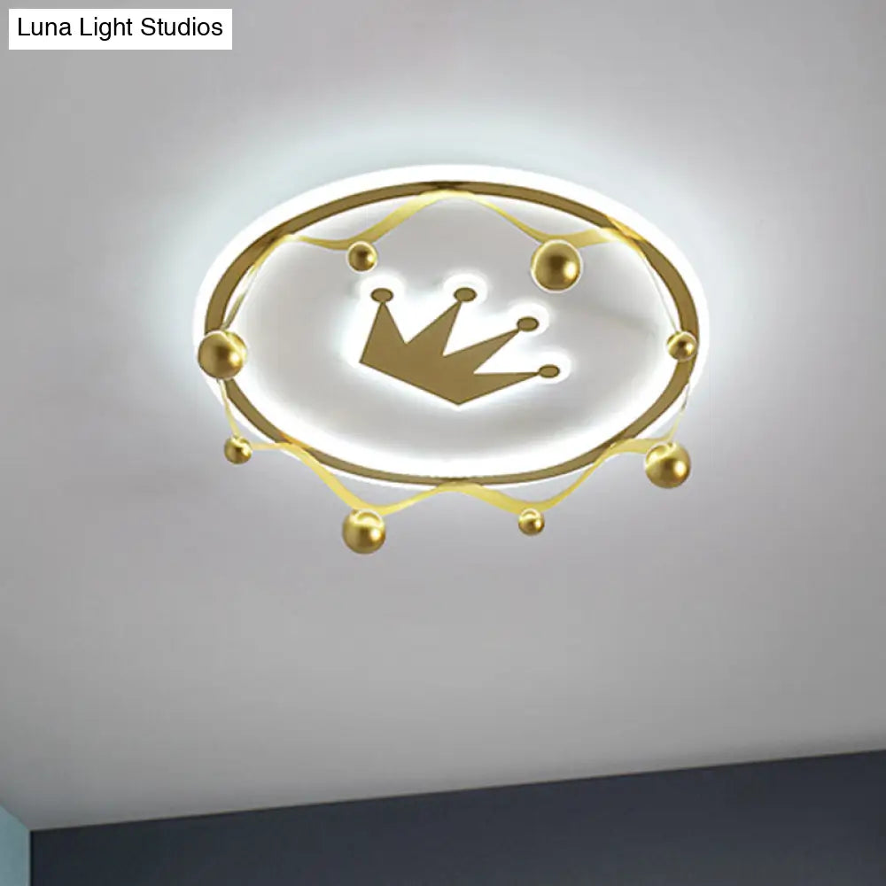 Cartoon Acrylic Led Flush - Mount Ceiling Light With Gold Crown And Ball Finial - Warm/White