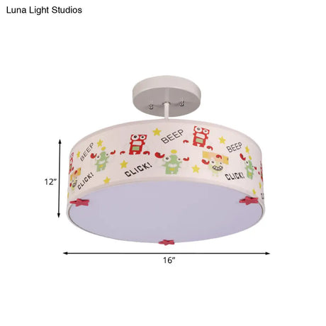 Cartoon Animal Print Semi Flush Ceiling Light With 3 Bulbs In White Fabric