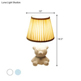 Cartoon Bear Barrel Fabric Table Light - White/Blue Night Lamp With Resin Base