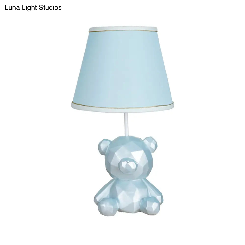 Cartoon Bear Barrel Fabric Table Light - White/Blue Night Lamp With Resin Base