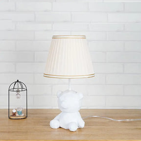 Cartoon Bear Barrel Fabric Table Light - White/Blue Night Lamp With Resin Base White