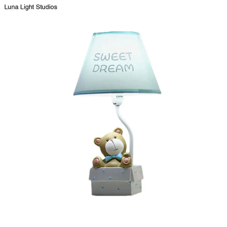 Cartoon Bear Desk Light: Resin Nightstand Lamp With Pink/Blue Cone Fabric Shade