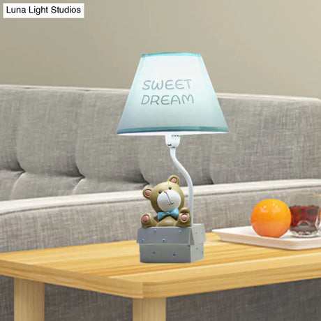 Cartoon Bear Desk Light: Resin Nightstand Lamp With Pink/Blue Cone Fabric Shade