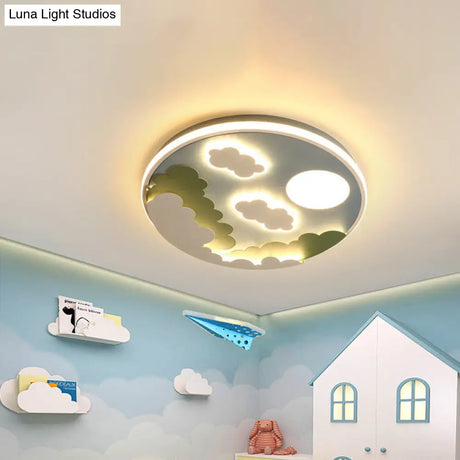 Cartoon Blue Led Flush Mount Nursery Ceiling Lamp With Cloud And Moon Acrylic Shade