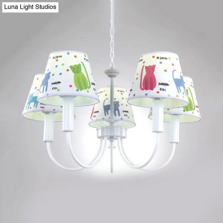 Cartoon Cat Hanging Chandelier - Kids Bedroom Lamp Fixture With 5 Fabric Lights