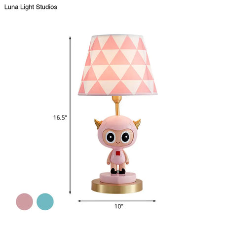 Cartoon Cow Boy Night Lamp With Triangle Print Shade In Pink/Blue - Resin Table Lighting