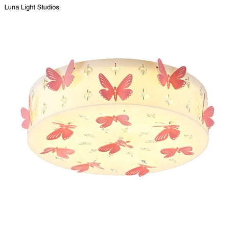 Cartoon Dragonfly Led Flush Mount Light Fixture In Pink Fabric With Warm/White