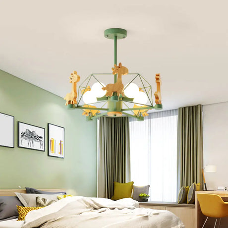 Cartoon Giraffe Kindergarten Ceiling Light: Wooden Hanging Chandelier With Wire Cage Green