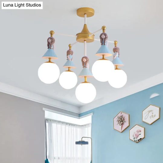 Cartoon Girl Flush Mount Ceiling Light: Blue Resin 5 - Bulb Kids Bedroom Fixture With White Glass