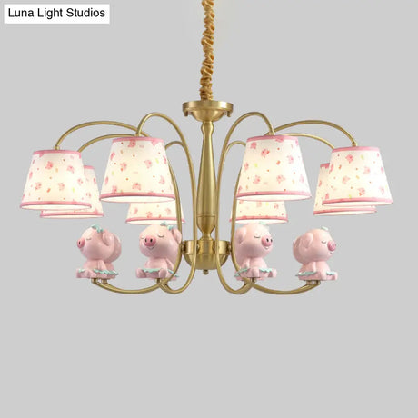 Cartoon Gold Pendant Light With Patterned Fabric Resin Animal And Tapered Chandelier Design