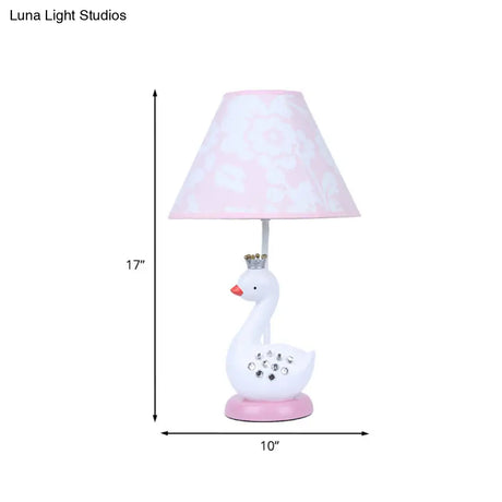 Cartoon Goose Night Light Reading Lamp With White Resin Base And Fabric Shade For Bedroom