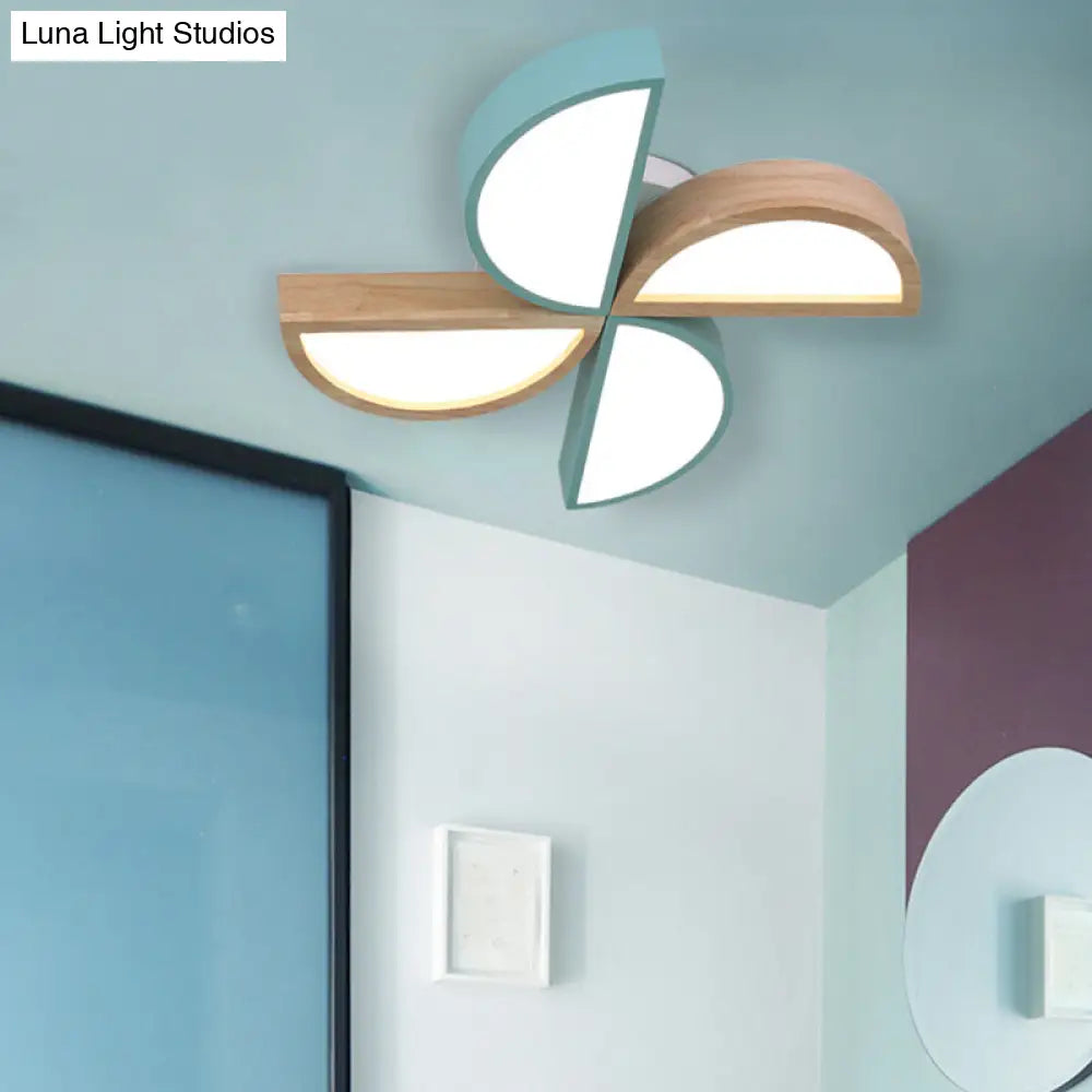 Cartoon-Inspired 4-Head Toy Windmill Led Flush Ceiling Light For Nursing Room Wooden And Metal Lamp