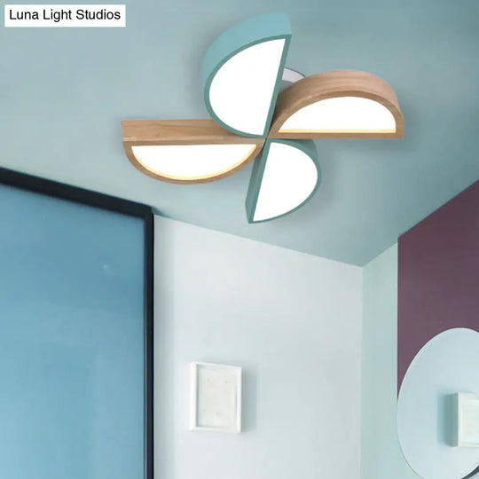 Cartoon-Inspired 4-Head Toy Windmill Led Flush Ceiling Light For Nursing Room Wooden And Metal Lamp