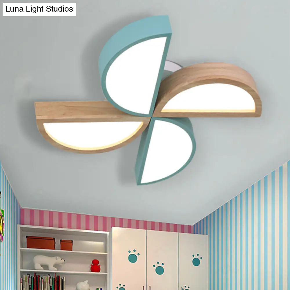 Cartoon-Inspired 4-Head Toy Windmill Led Flush Ceiling Light For Nursing Room Wooden And Metal Lamp