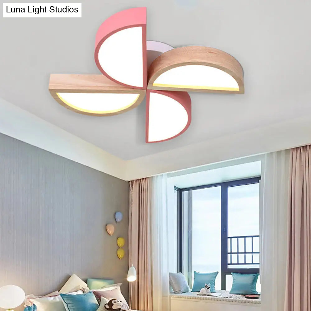 Cartoon-Inspired 4-Head Toy Windmill Led Flush Ceiling Light For Nursing Room Wooden And Metal Lamp