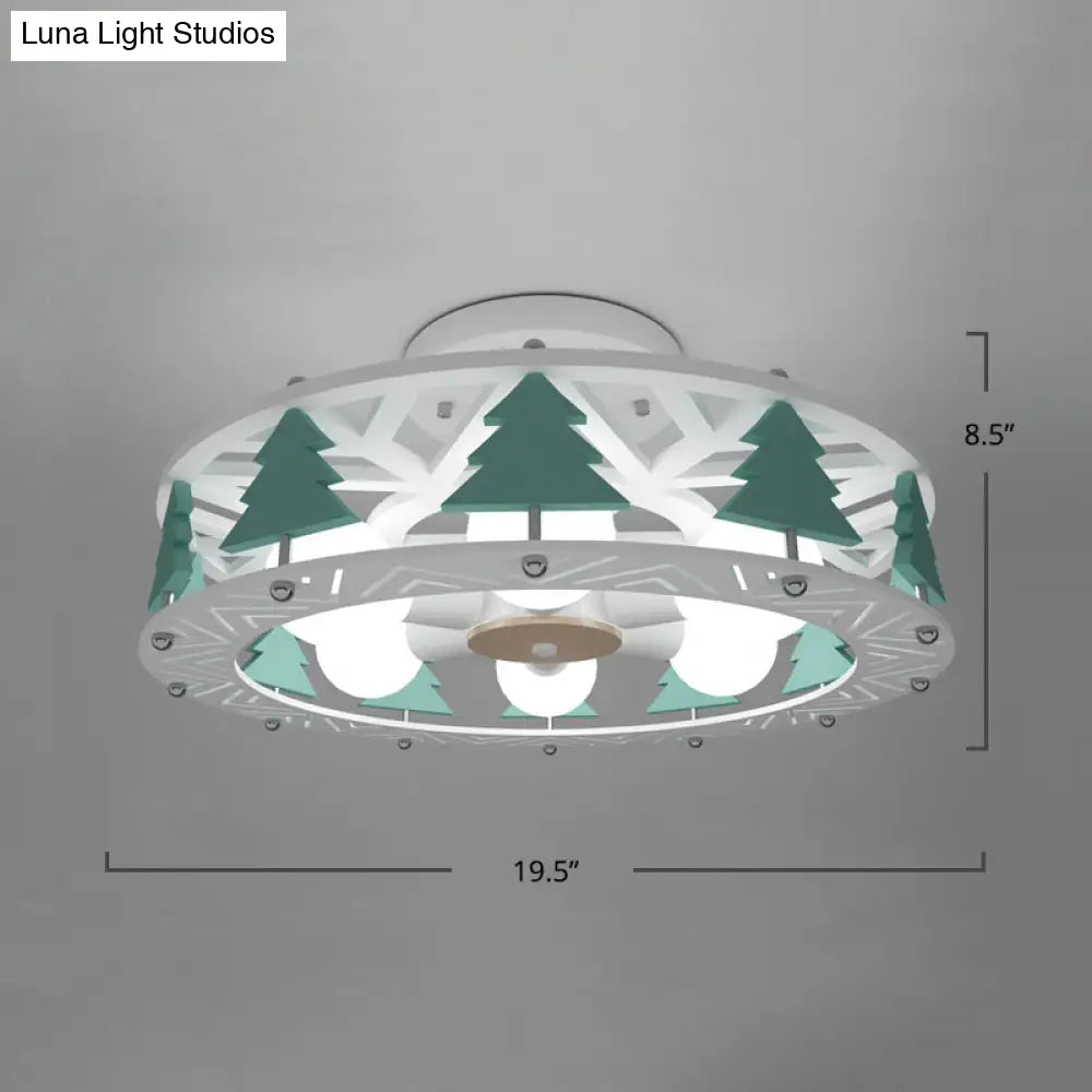 Cartoon Metal Drum Shaped 6 - Light Kids Room Ceiling Lamp In White / Christmas Tree