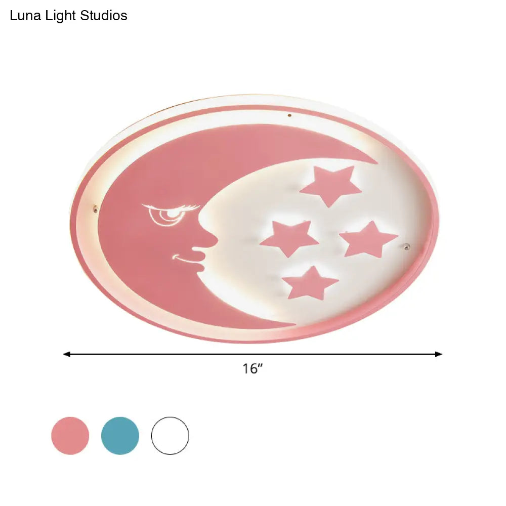 Cartoon Moon And Star Led Flush Lighting For Bedrooms In White/Pink/Blue