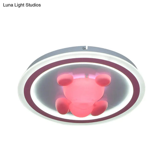 Cartoon Pink Led Flush Mount Ceiling Light With Acrylic Flower/Bear Shade For Bedrooms