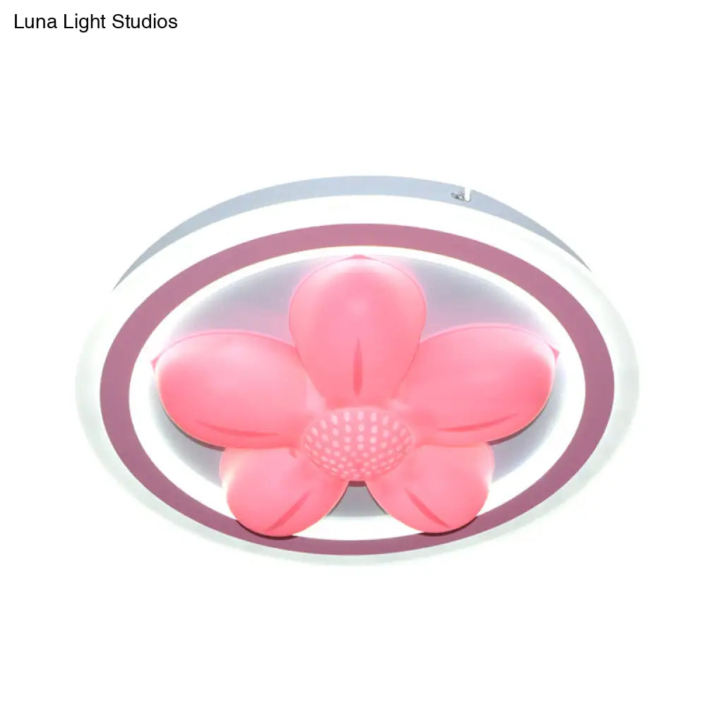 Cartoon Pink Led Flush Mount Ceiling Light With Acrylic Flower/Bear Shade For Bedrooms