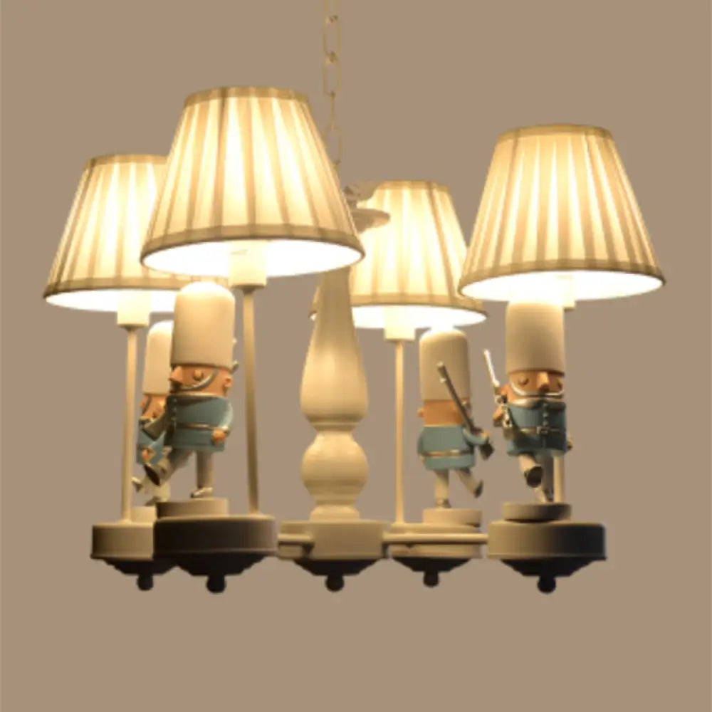 Cartoon Soldier Nursery Chandelier Pendant With Fabric Shade Resin Hanging Light 4 / White