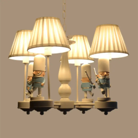 Cartoon Soldier Nursery Chandelier Pendant With Fabric Shade Resin Hanging Light 4 / White