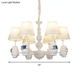 Cartoon Tapered Shade Hanging Lights - 6-Light Fabric Chandelier In White For Living Room